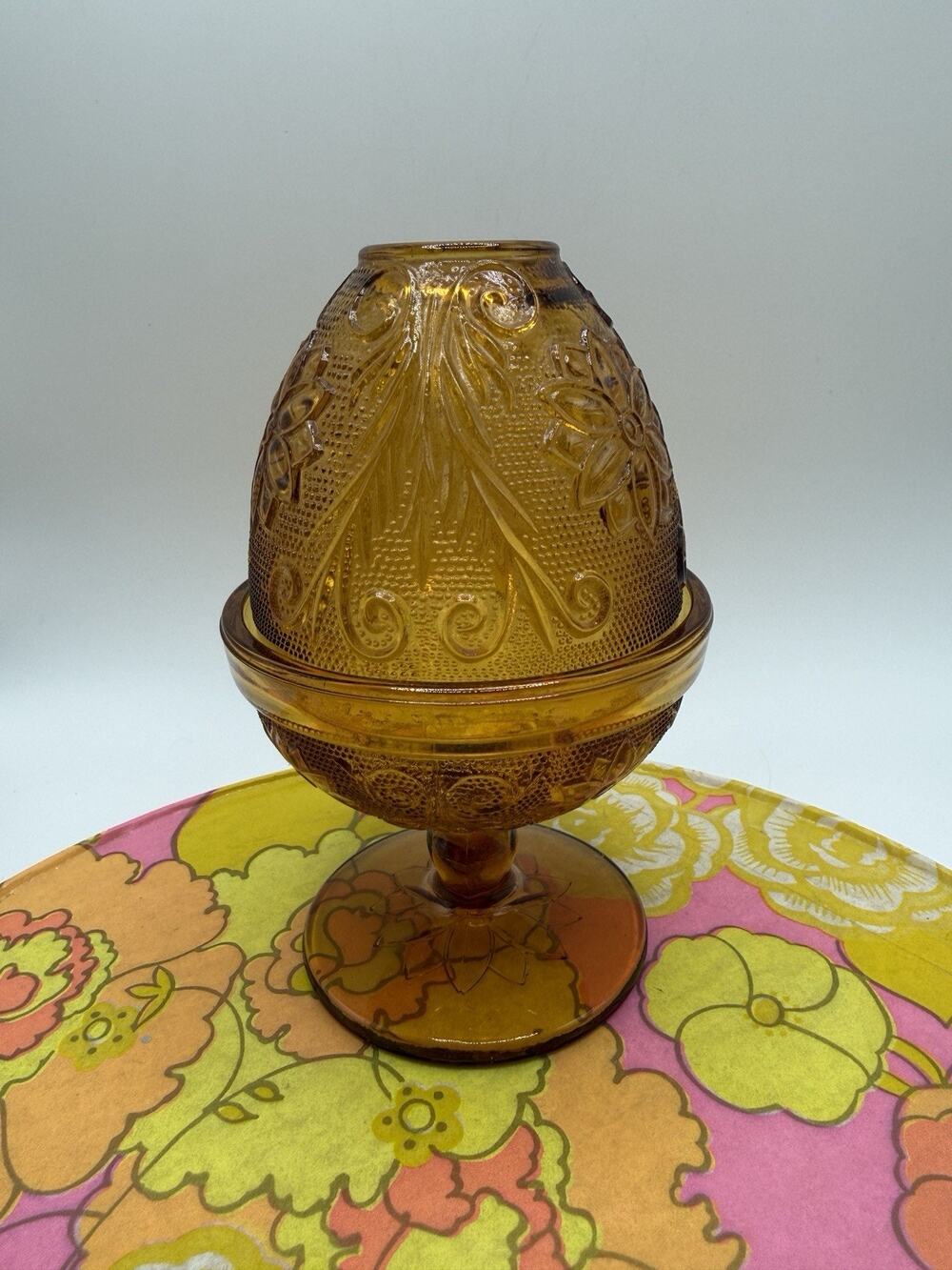 Vintage 1970s Embossed Fairy Lamp Rare Indiana Glass Tiara Amber Color Sandwich